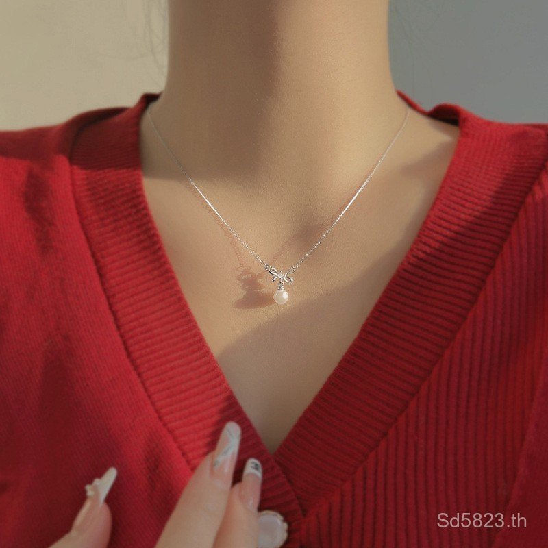 สร้อยคอมุกและจี้เงินสเตอร์ลิงดีไซน์โบว์ สไตล์ใหม่สำหรับผู้หญิง SJ925 RJCN