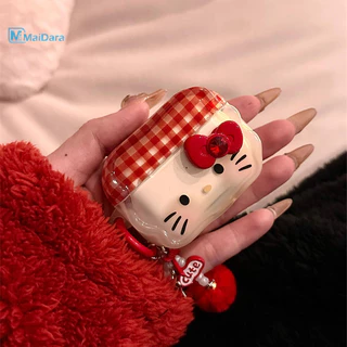 กระเป๋าหูฟัง Hello Kitty AirPods4/3/2/1 ลายตารางสีแดง โบว์AirPodsPro2 ซิลิโคนป้องกันการตกหล่น เคสหูฟังบลูทูธ เหมาะสำหรับ