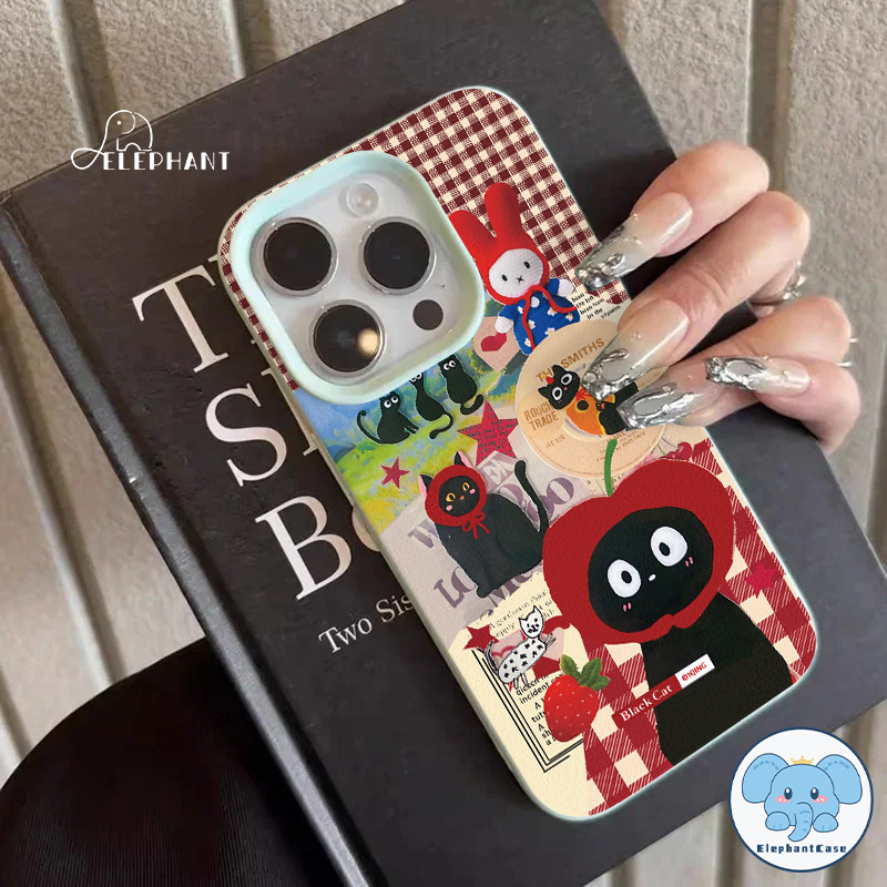 สำหรับ IPhone 17 Air 15 11 16 12 13 14 Pro Max XR X XS Max 7 16 8 Plus เคสหนังTPUนุ่มลายแมวดำลายตารางหมากรุกน่ารักและตลก - รูปที่ 3