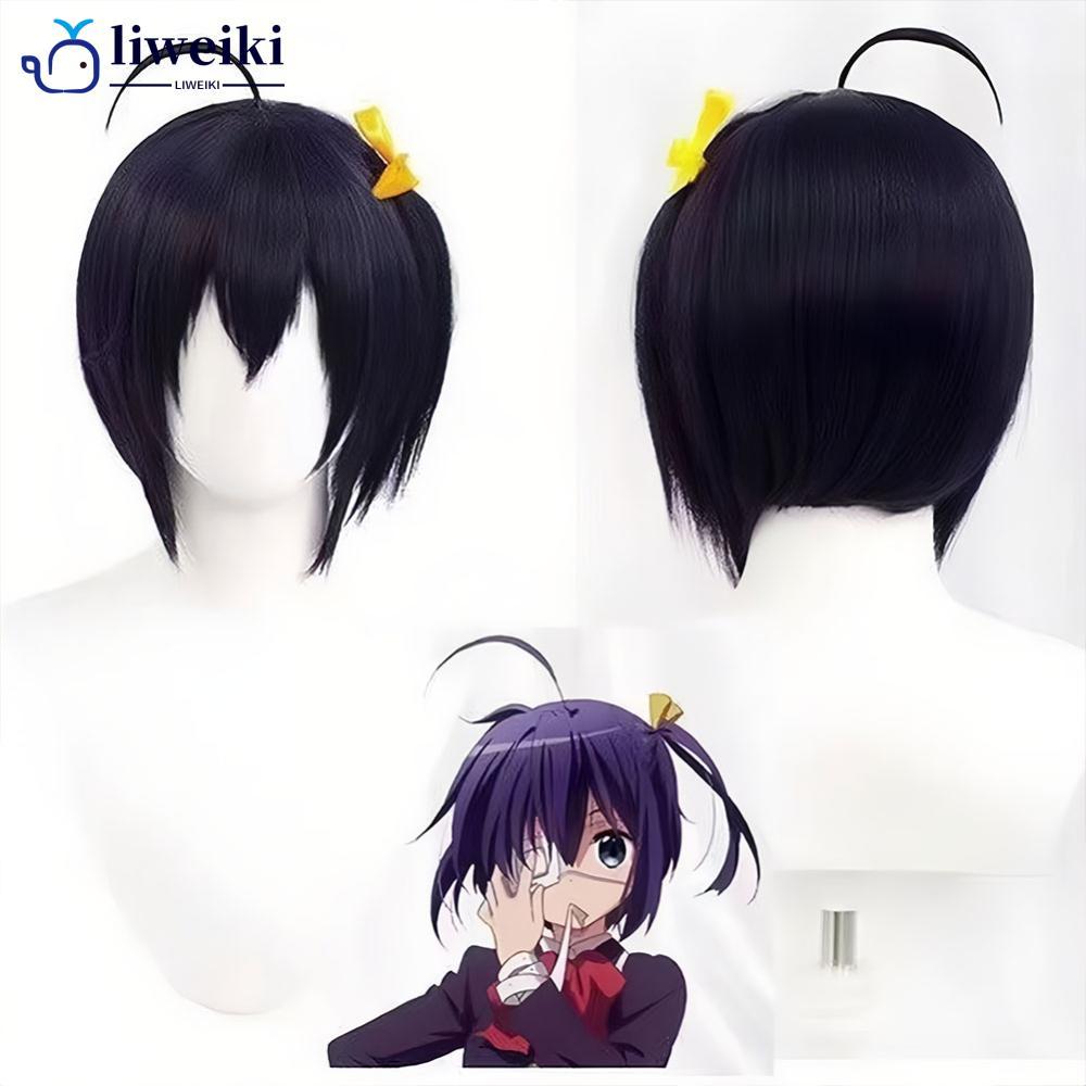 LIWEKI คอสเพลย์วิกผมสีม่วงสีดําสังเคราะห์สั้นตรงวิกผมอะนิเมะ Coser สาวน่ารักแฟนซี Feather หกดอกไม้ผม