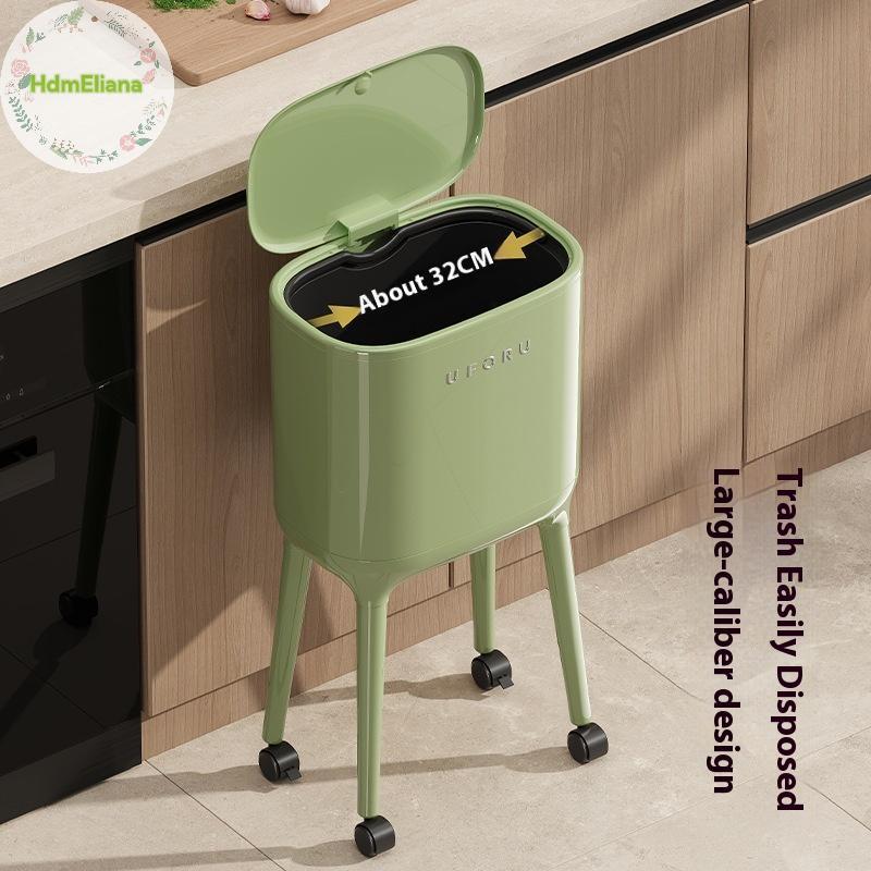 HdmEliana ถังขยะขาสูง No-Bend พร้อมฝาปิดแบบกดเปิด - ถังห้องครัวรูปไข่ความจุขนาดใหญ่และห้องนั่งเล่น, พลาสติกทนทาน TH