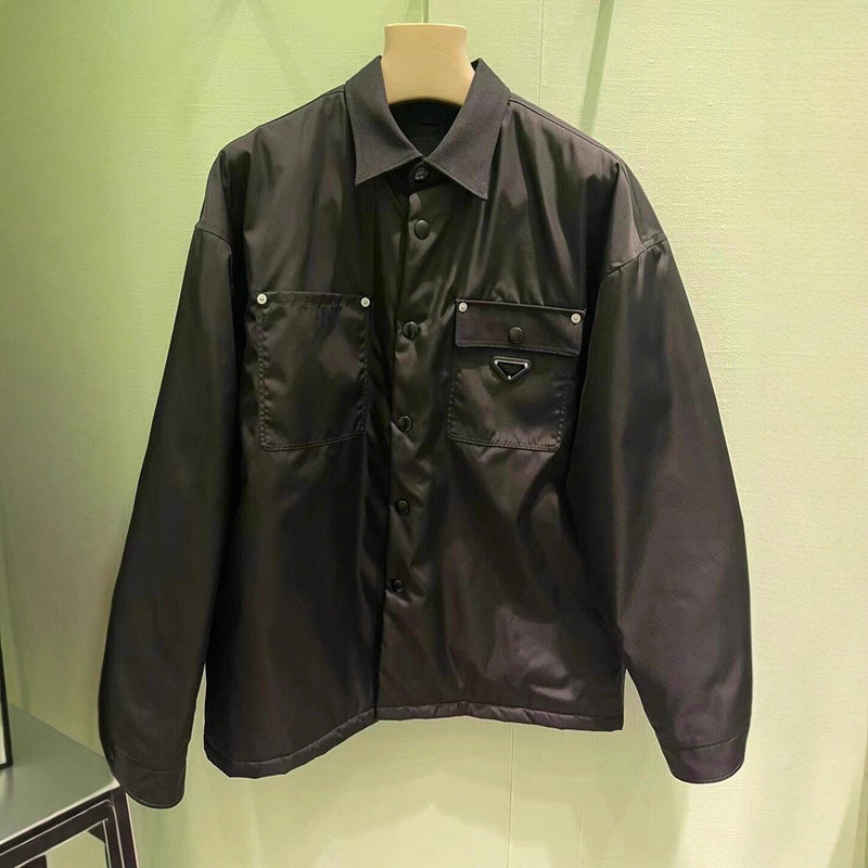 0X9O PRA** Winter Triangle Label Nylon Turn-Down Collar Cotton Jacket for Men and Women Loose Casual
