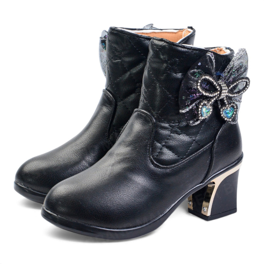 รองเท้าบูทเด็กโตประดับโบว์ หัวใจ กิลเตอร์วิ้งๆ ส้นสูง2 นิ้ว มีซิปข้าง ขนาด 26-36 พร้อมส่งขาวและดำ งานหนังนิ่ม สวมใส่ง่าย - รูปที่ 2