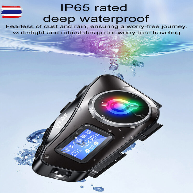 Q58-Max หมวกกันน็อคมอเตอร์ไซค์ชุดหูฟังลูทูธจอแสดงผล LCD พร้อมไฟฉาย2ผู้ขัขี่500M อินเตอร์โฟน จัดส่งจา