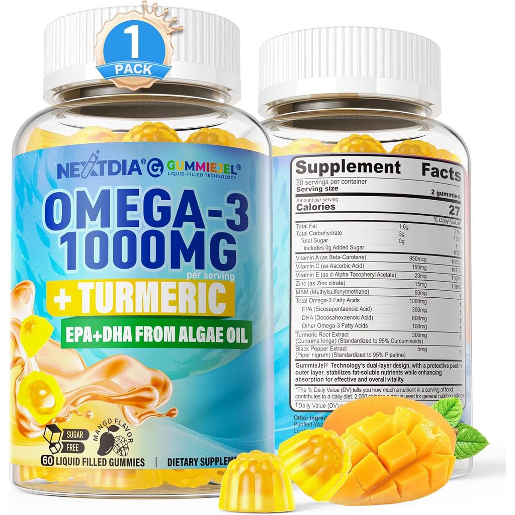 SDFGHJKL;Vegan Omega-3 Jelly 1000mg+Turmeric-Adult Omega 3 Fish Oil Substitute-Algae DHA 600mg และ E