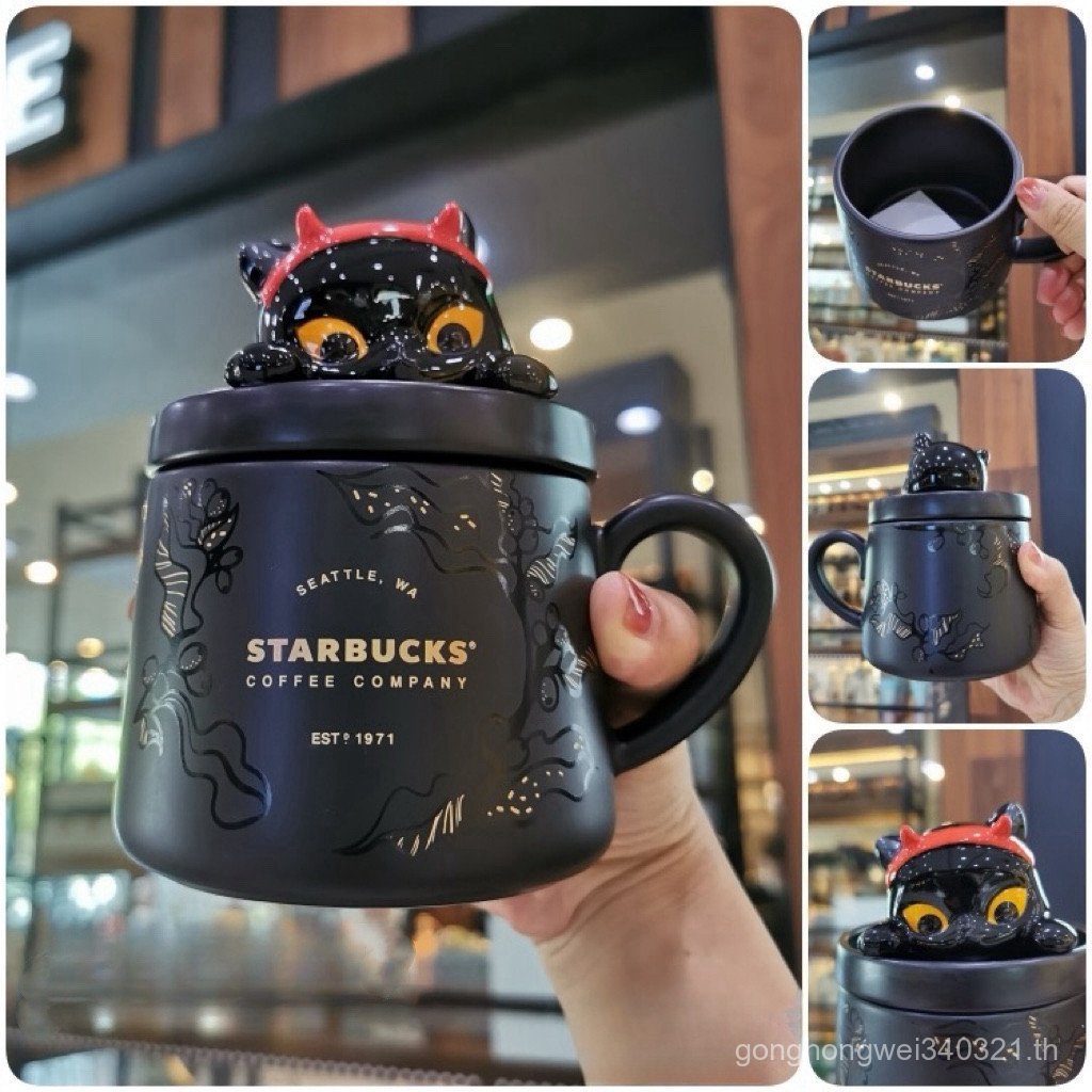Breeze Cup.Starbucks Ceramic coffee mug Black cat cartoon pattern with lid, gift, 385 ml. Y7AI - รูปที่ 7