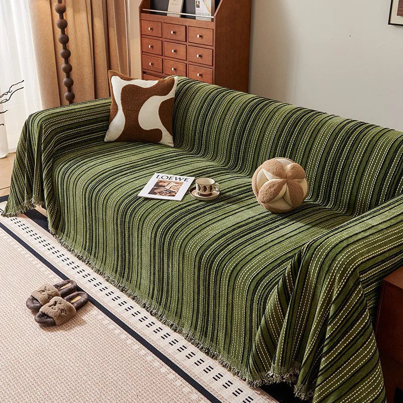 Simple Solid Color Sofa Cover Green Chenille Stripe Pattern One-Piece Sofa Towel Universal Sofa Cove