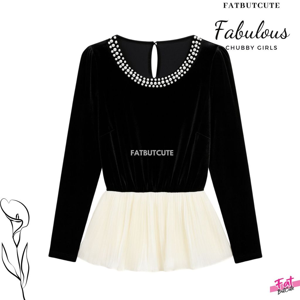 [อก36-46]✨ เสื้อกำมะหยี่คอประดับมุก + ปลายระบายชีฟองสีครีม  ผ้า กำมะหยี่เนื้อดี รหัส 2509B704HA