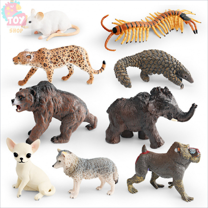 ของเล่นเด็กจําลองสัตว์ป่ารุ่นสีเทาหมาป่าเสือดาวผ่านเกราะภูเขาแมมมอธภูเขารูปเครื่องประดับ