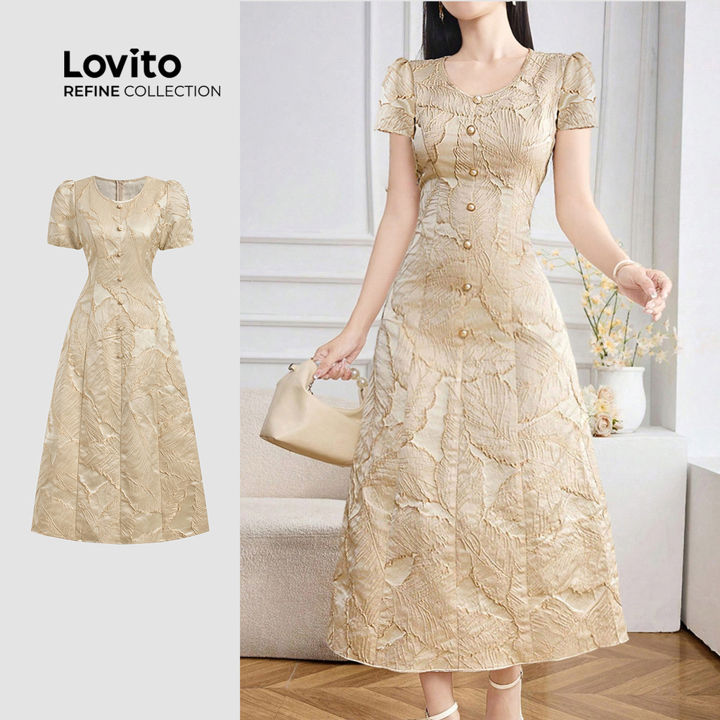 (Lovito Refine) ชุดกระโปรงเรียบหรูซิป แบบฤดูใบไม้ผลิ/ฤดูร้อน สีกากี สำหรับผู้หญิง LR18L139