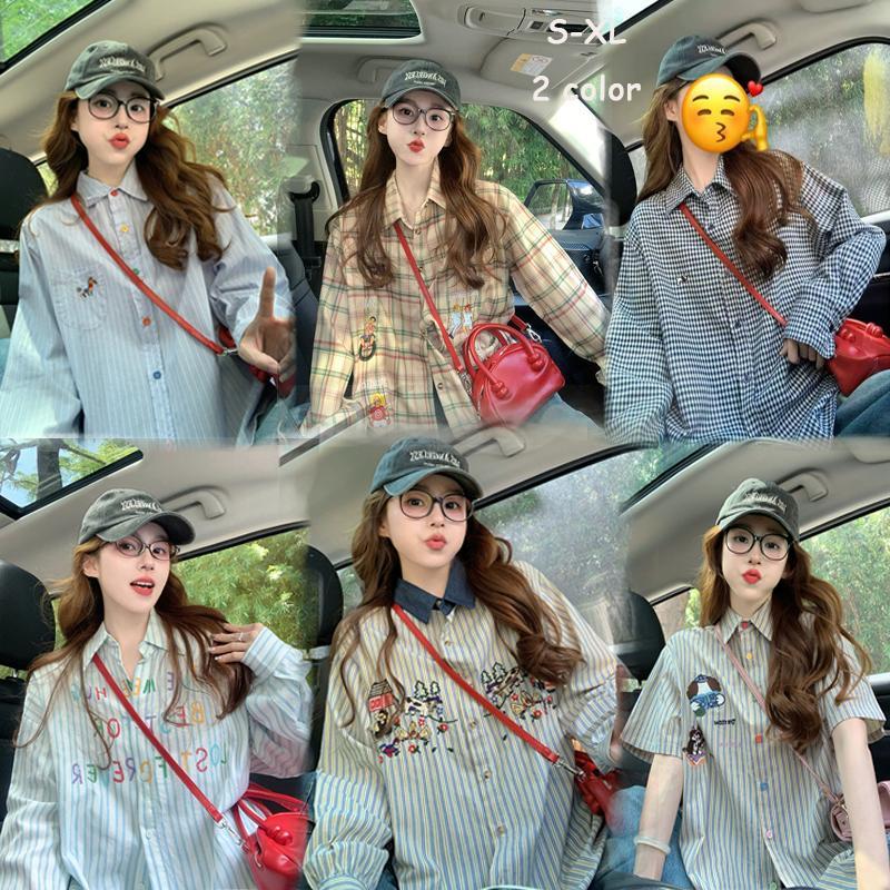 BG#เสื้อเชิ้ตแขนยาว ปักลายทางและลายสก็อต ทรงหลวม เก๋ไก๋ ลำลอง สไตล์เกาหลี จัดส่งจากประเทศไทยW656-661