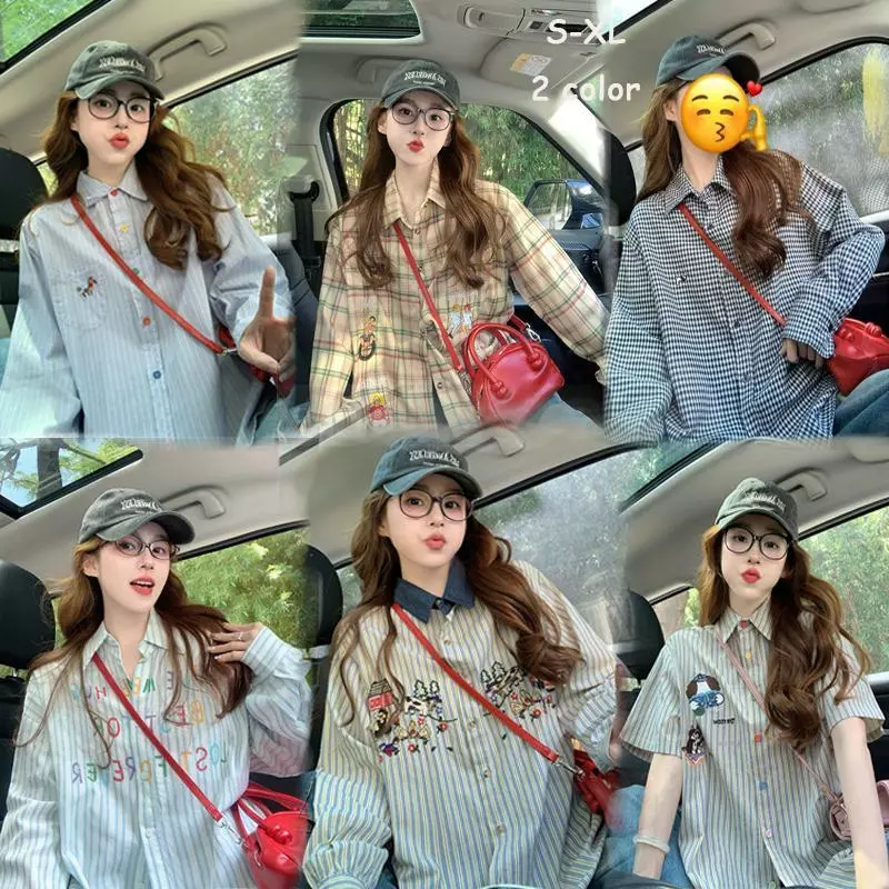 BG#เสื้อเชิ้ตแขนยาว ปักลายทางและลายสก็อต ทรงหลวม เก๋ไก๋ ลำลอง สไตล์เกาหลี จัดส่งจากประเทศไทยW656-661