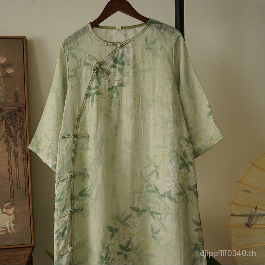 Classy Single-Layer Buckle ใหม่สไตล์จีนรอบคอสไตล์ใหม่ Ramie Cheongsam กระโปรงพิมพ์ Handmade ฤดูร้อน2