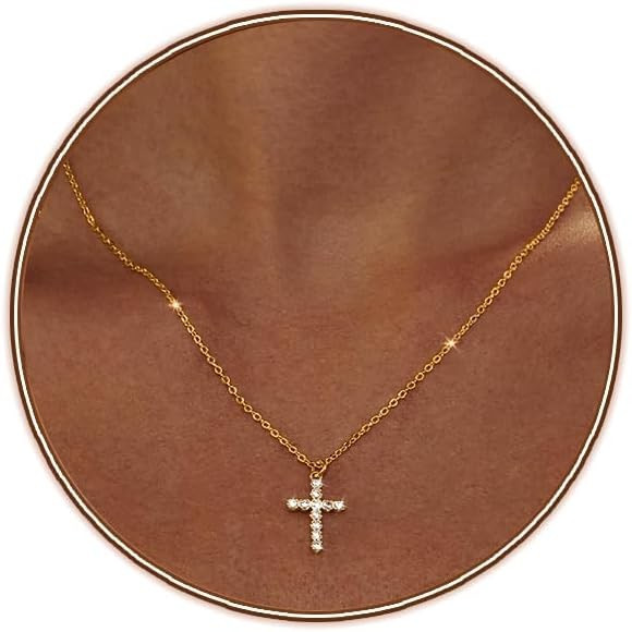 Zeffy Cross Necklace for Women,18K Gold/Silver Plated Tiny Cubic Zirconia Cross Pendant Necklace for