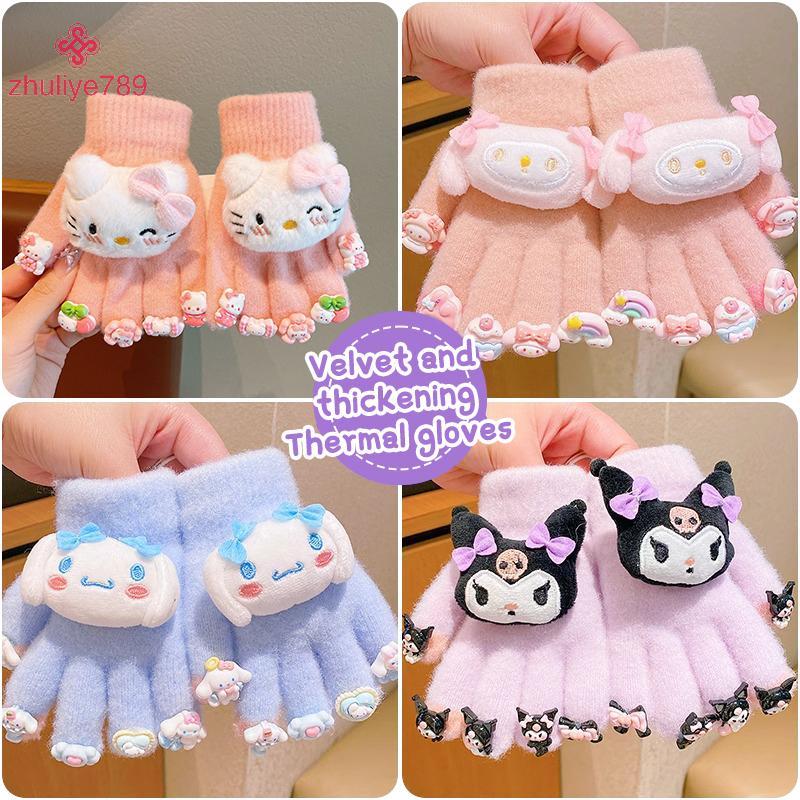 <zhuliye789> Kawaii Sanrio Hello Kitty เด็กถุงมือความร้อน Kuromi My Melody Warm Windproof Full-finge