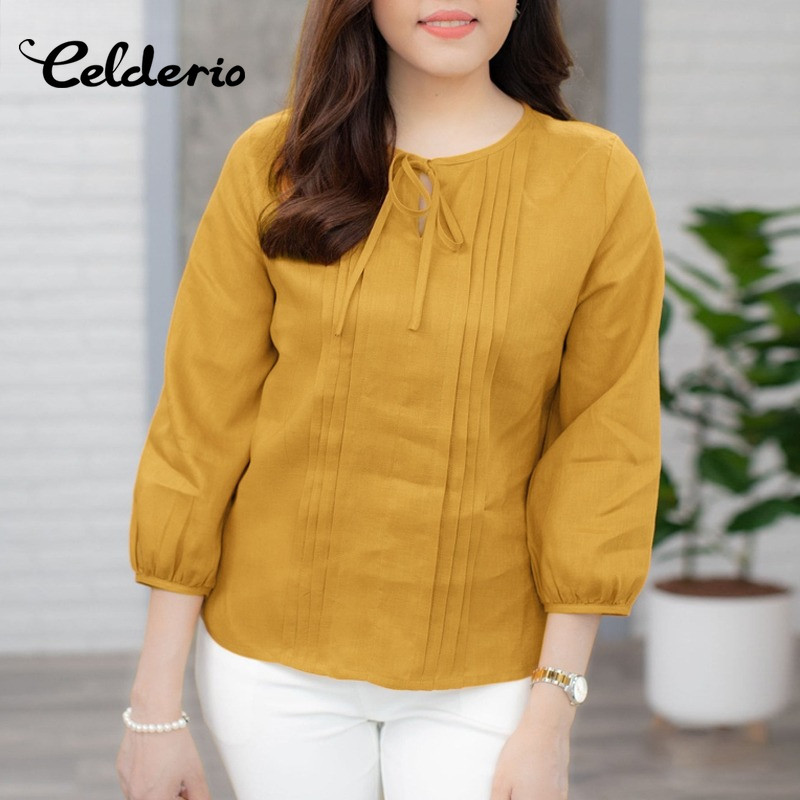 Celderio สำหรับผู้หญิง สไตล์ STREETWEAR VINTAGE แขน 3/4 ปกแบบลูกเรือ และติดโบว์