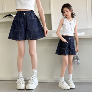 กางเกงขาสั้นยีนส์สำหรับเด็กผู้หญิง สีทึบ สวมใส่ง่าย