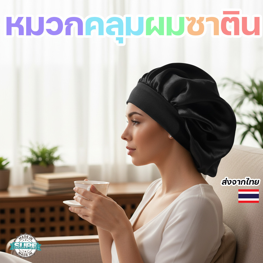 หมวกคลุมผมซาตินแบบ Bonnet ใส่นอนได้ไม่อึดอัด ป้องกันผมพันกัน สำหรับผมหยิกและผมธรรมชาติ