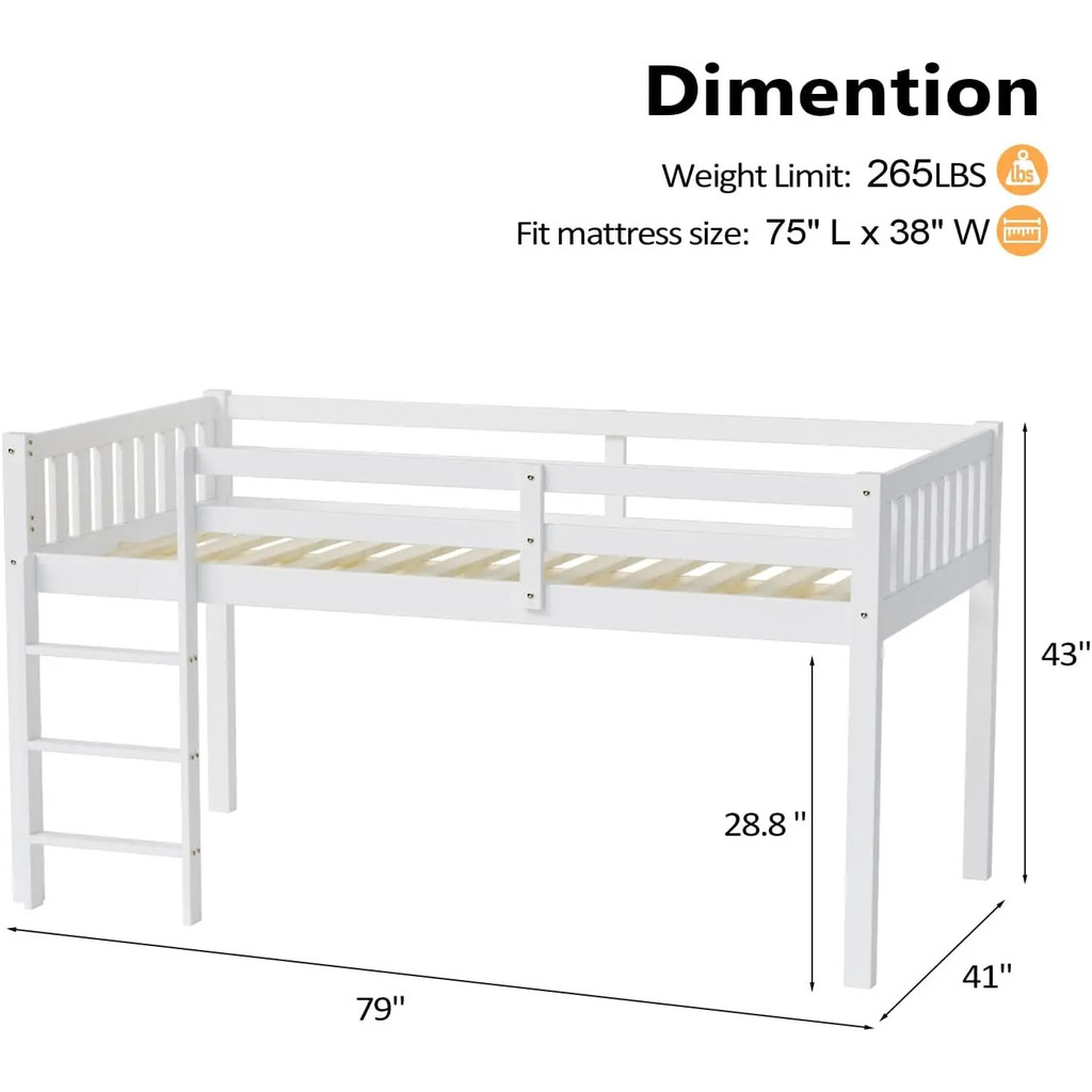 Twin Loft Bed Low Loft Bed Frame For Little Kids Small Room/เพดานต่ําห้องนอนพร้อมราวกั้นและบันได, สี