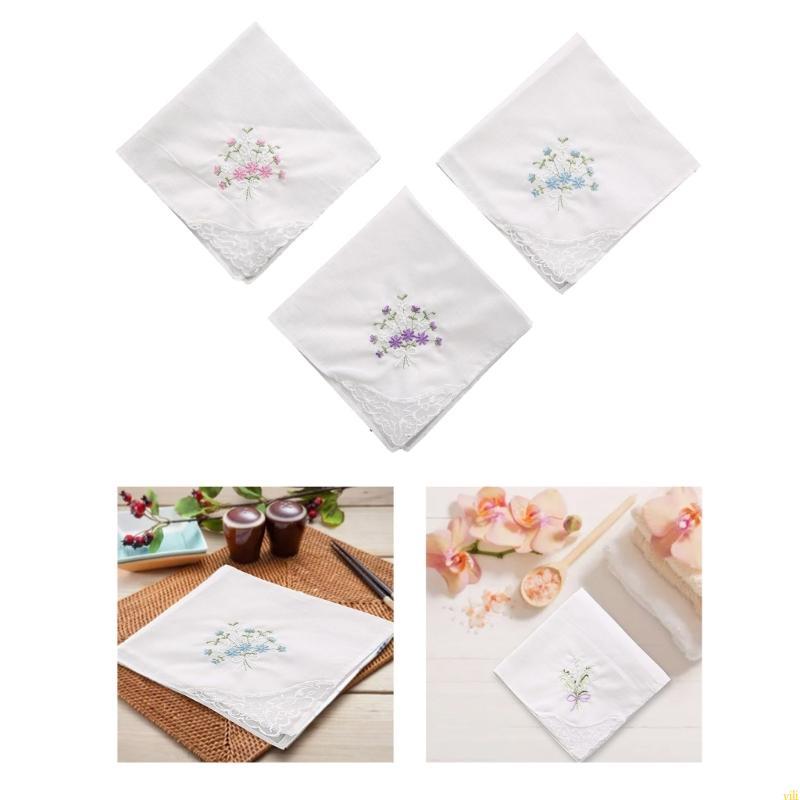 Yili ผ้าเช็ดหน้าผ้าฝ้ายสุภาพสตรี ออกแบบวินเทจดอกไม้และขอบลายปักละเอียด สำหรับงานแต่งงาน