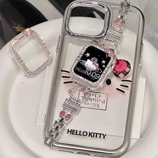 KT cat สายโลหะเพชรเงา + เคส hollow สําหรับ Apple Watch Ultra 2/S11/S10/S9/S8/S7/S6/S5/S4/S3/S2/SE iWatch 49/46/45/44/42/41/40/38 มม.