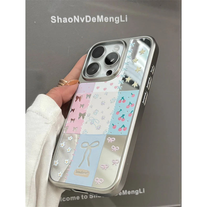 โบว์ดอกไม้แต่งหน้ากระจกเคสโทรศัพท์ Anti-Fall สําหรับ iPhone 16 Promax 15 Promax 11 12 13 14plus 15plus 16e 16plus 15pro