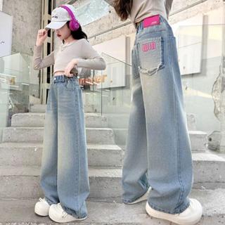 กางเกงยีนส์ขากว้างตัวอักษรสีชมพูสําหรับเด็กผู้หญิงอายุ 4-12 …