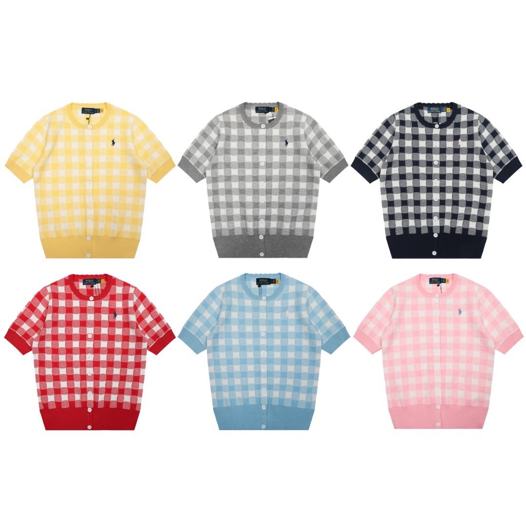 PM9O Ral**h La***n In Stock Embroidered Plaid Cardigan Sweater Casual Versatile Knitted Short Sleeve