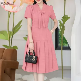 ZANZEA ผู้หญิงสํานักงานเกาหลี Elegant V คอพัฟแขน Bowknot Decor จีบ Hem Dresses