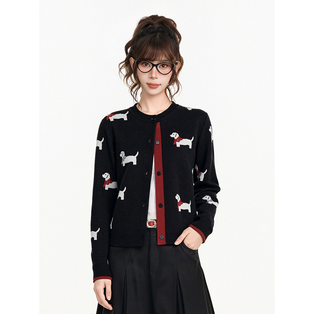 Vogue🌟พร้อมส่ง🌟 เสื้อคลุมไหมพรมแขนยาว คอกลม ดีเทลลายน้องหมาสีเทาดำ (BK57) - รูปที่ 6