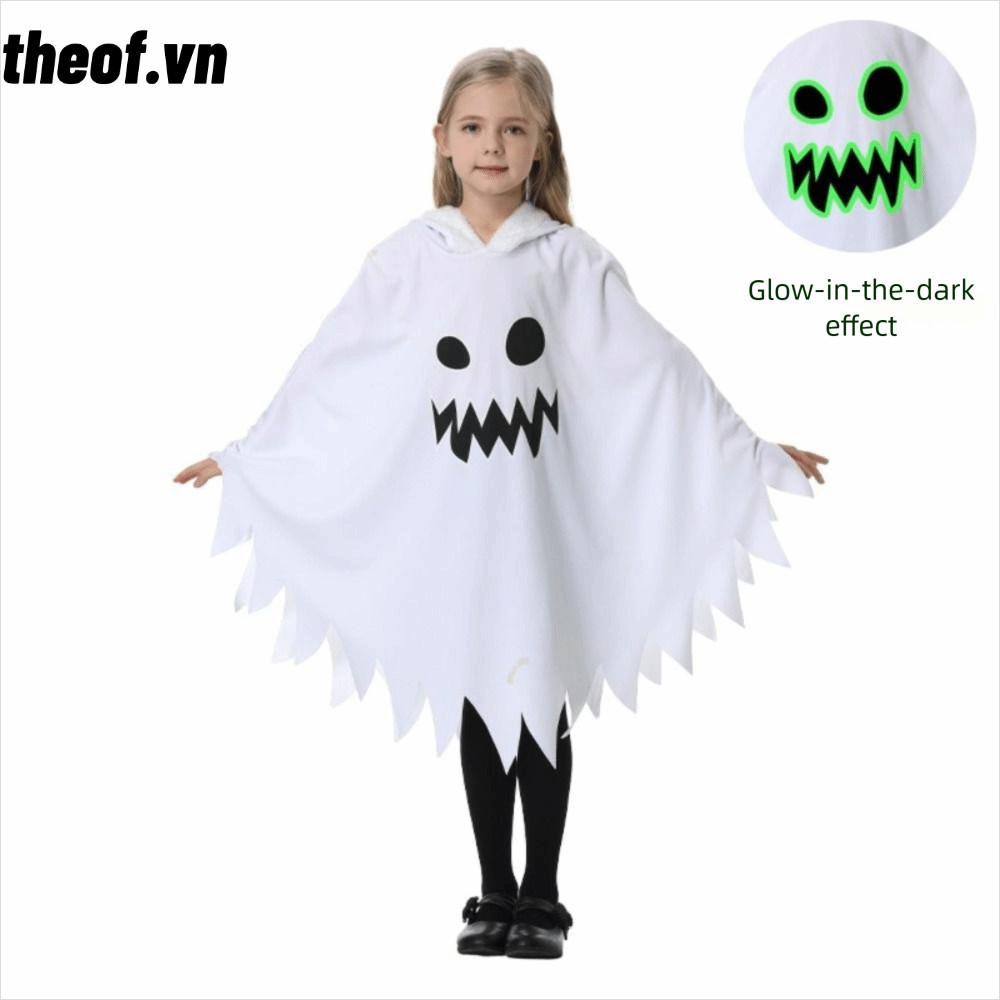 THEOF ชุดฮาโลวีน, สีขาวสีดําเรืองแสงใน Dark Ghost คอสเพลย์ Cape, เด็กแต่งตัวฟักทองชุด Ghost Face Des