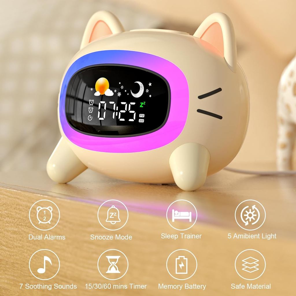 Kids Alarm Clock Ok to Wake Alarm Clock for Kids, Toddlers Night Light Clock for Bedroom, Cat Alarm 