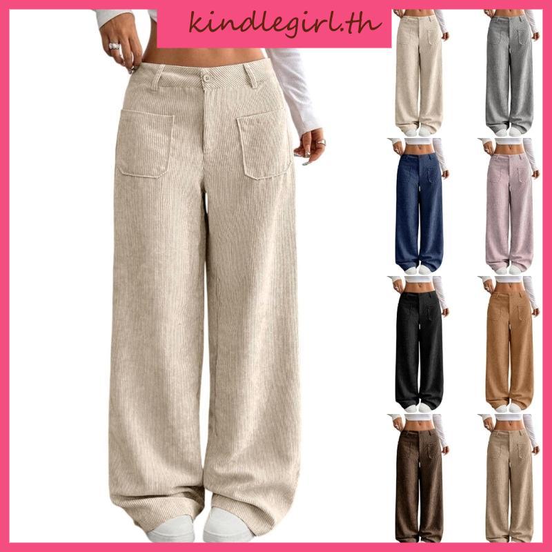 KING Corduroy Pts สําหรับผู้หญิงลําลองเอวติดกระดุมยืดทรงหลวมขากว้าง Pts มีกระเป๋า