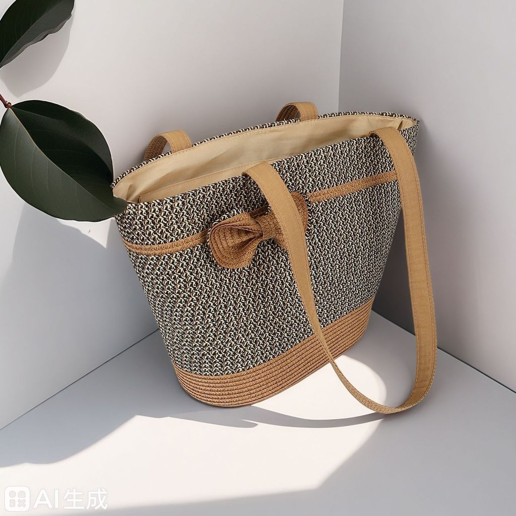ชุดกระเป๋าผ้าทอทำด้วยมือ ไตล์วันหยุด กระเป๋าสานแฟชั่นแถบสีดำ พกพาสะดวก หมวกฟางชายหาดฤดูร้อนพับได้  ปีกใหญ่ ใช้งานได้หลากหลายโอกาส ไปทะเล - รูปที่ 3