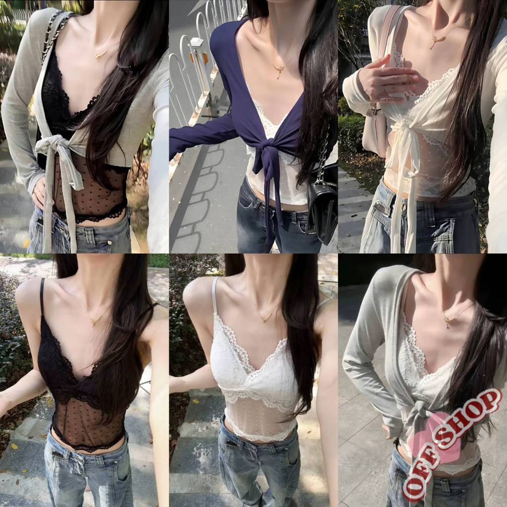 OFF SHOP 🥻ใหม่ 2025 สายเดี่ยวเสริมฟองน้ำ/เสื้อคลุมครอปแขนยาว ทรงเข้ารูป สไตล์ฝรั่งเศส' FY961/FY962#1