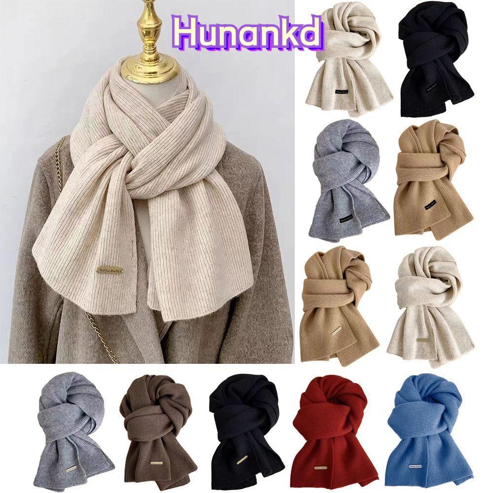 HUAN ผ้าพันคอถัก สีทึบผ้าพันคอถักทําด้วยผ้าขนสัตว์ อุ่นคอ วินเทจ หนา ผ้าพันคอยาว ผู้หญิง