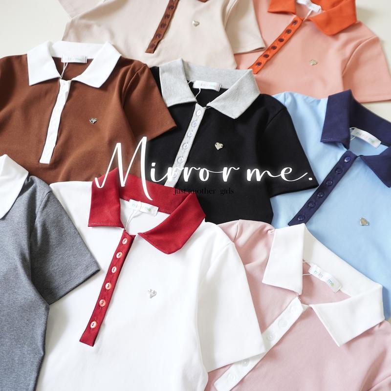 【Phuket Glow SELLER】mirrorme เสื้อโปโลผู้หญิง สอยปิ๊กหัวใจ สีพื้น คอทูโทน