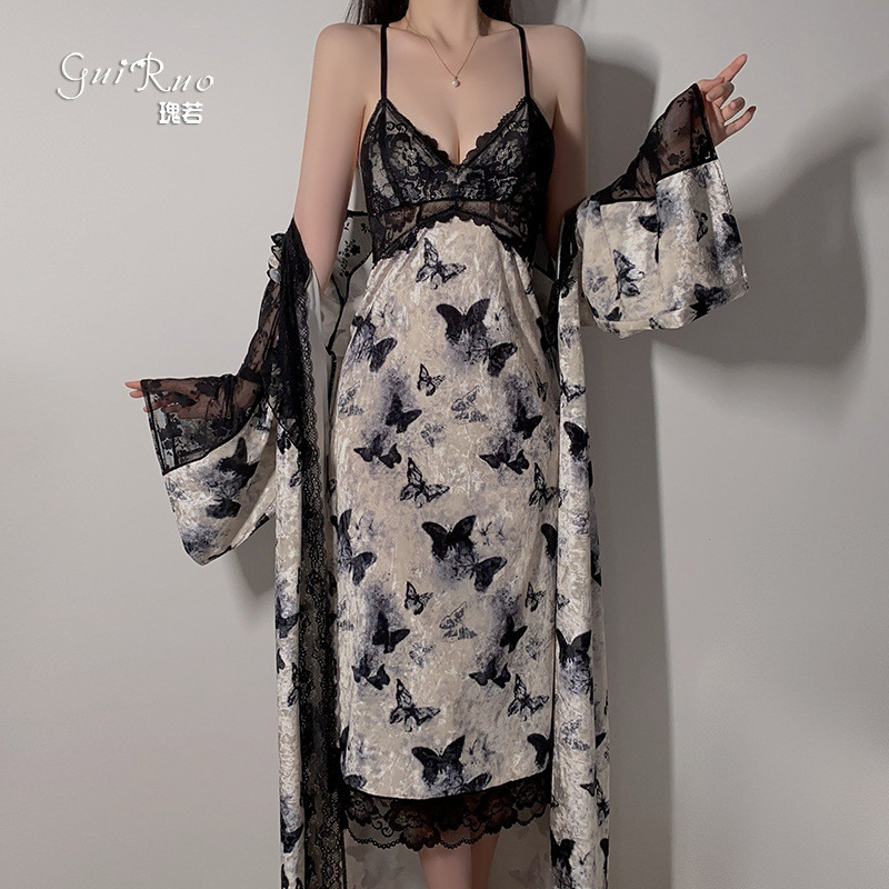 {Order Quick Shipment} เซ็กซี่คลาสสิกพิมพ์ชุดนอนกํามะหยี่ Deep V Gathering Extra Chest Pad Nightdress ด้านนอก Robe Homewear สูท 4827