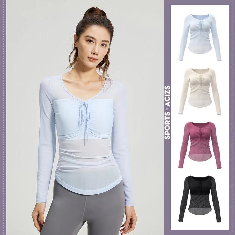 mvp sport เสื้อแขนยาวผู้หญิง เสื้อโยคะ มีแผ่นฟองน้ำเสริมหน้าอกในตัว ดีไซน์ผูกหน้าอก เอวจีบ ผ้าตาข่าย