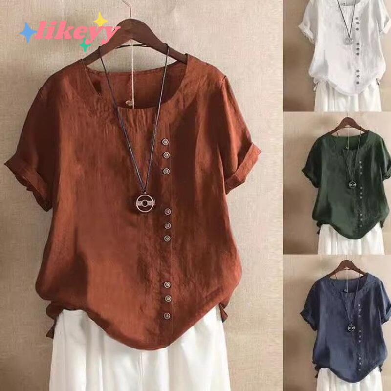 เสื้อแขนสั้นผ้าฝ้ายผสมลินิน ไซส์ใหญ่สำหรับผู้หญิง คอวีสีทึบ สวมใส่สบายสไตล์แฟชั่น