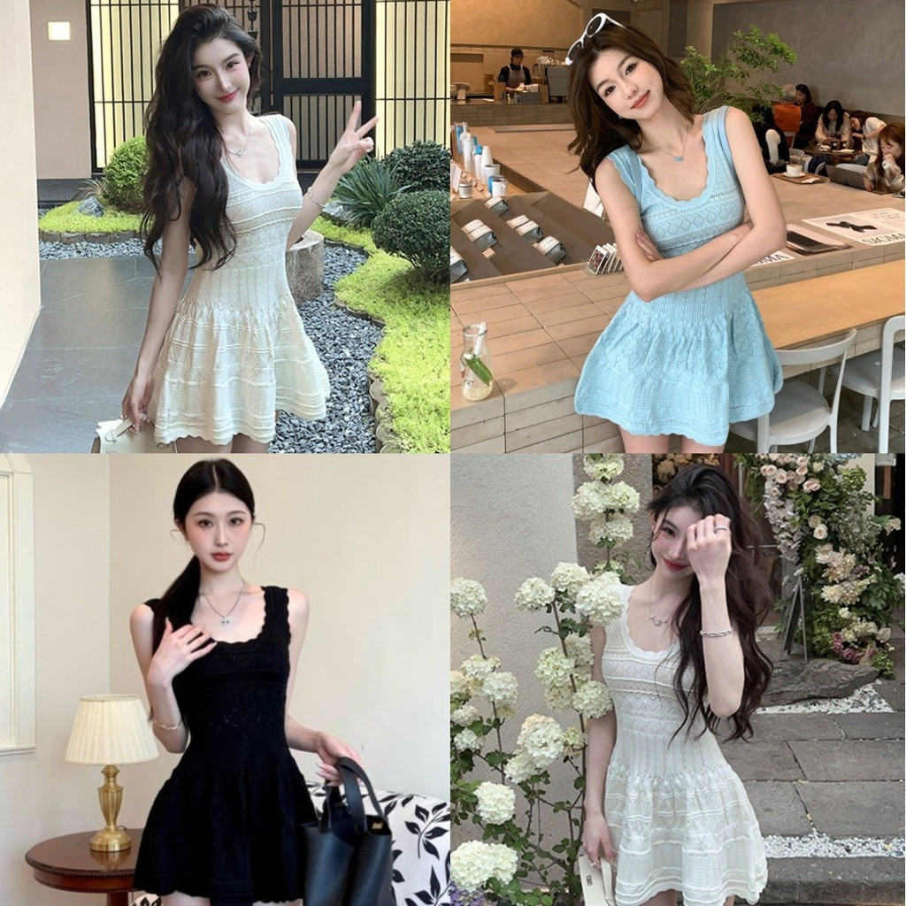 🍒EElla🍒มินิเดรสไหมพรม สีพื้นสไตล์มินิมอล ผ้านุ่มนิ่มใส่สบาย เดรสเดรสแขนกุด แฟชั่น เข้ารูป ใส่เที่ยว