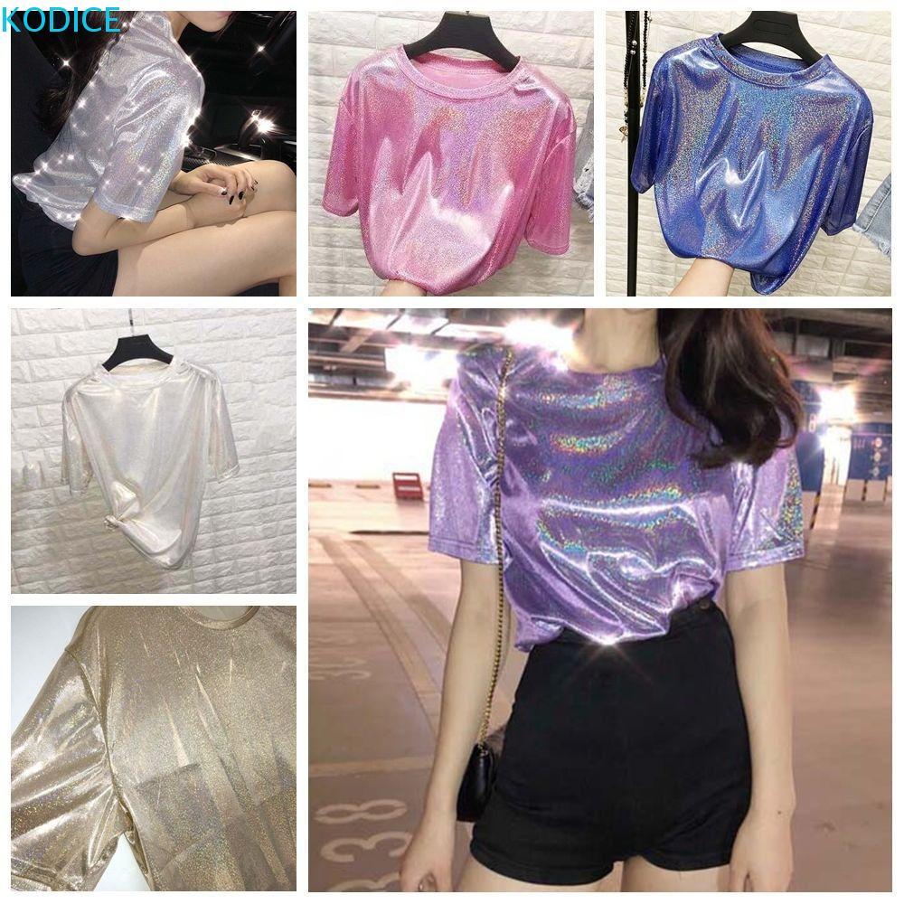KODICE แฟชั่นผ้าไหมเสื้อยืดแขนสั้น สีม่วงเลื่อม สไตล์สวยหวานแบบวินเทจฮาราจูกุสำหรับสตรี