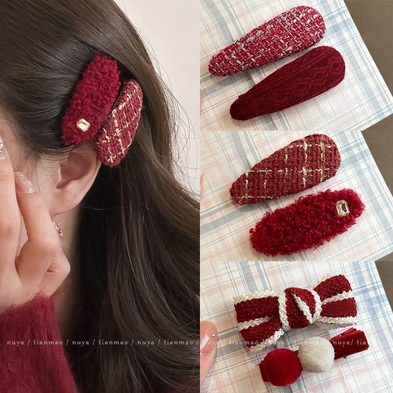 กิ๊บติดผมขนยาวสีแดงสำหรับผู้หญิงทรงหน้าม้า BB Clip สำหรับฤดูใบไม้ร่วงและฤดูหนาว