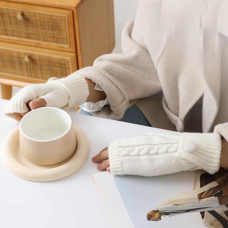 ถุงมือนิ้วครึ่งถักหนากันลมสำหรับผู้หญิง ใช้งานได้บนหน้าจอมือถือ ในฤดูใบไม้ร่วงและฤดูหนาว