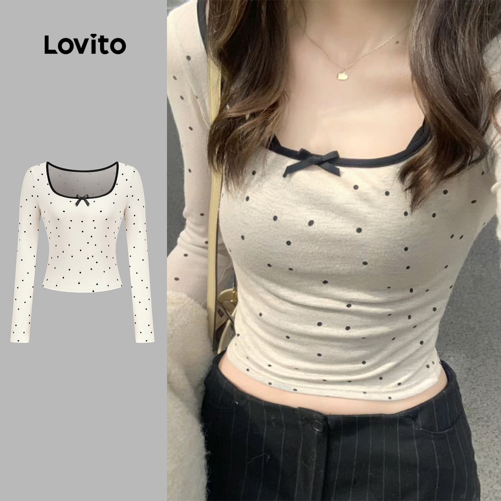 Lovito เสื้อยืดลำลองฤดูใบไม้ร่วง/ฤดูหนาว สีเหลืองอ่อน สำหรับผู้หญิง L159AD594