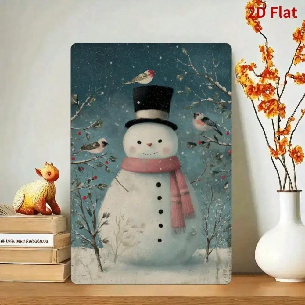 Christmas Snowman Tin Wall Art 20x30 ซม.-ตกแต่งโลหะดีบุกที่ทนทานพร้อมผ้าพันคอสีชมพูและนก, 2D แบนในร่