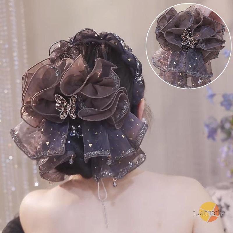 Fuelthefire] French Elegant Rhinestones Butterfly Clip Korean Temperament Mesh Ponytail Clip เครื่อง