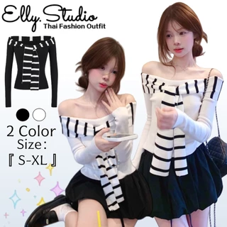Elly พร้อมส่ง🦄ปาดไหล่ เซื่อกผูกลายทาง🦄ผู้หญิง แขนยาว สุดเซ็กซี่ ใส่แล้วดูผอม Y2K ผ้านิ่มมาก จับแมทซ์ได้ง่าย ไปคาเฟ่