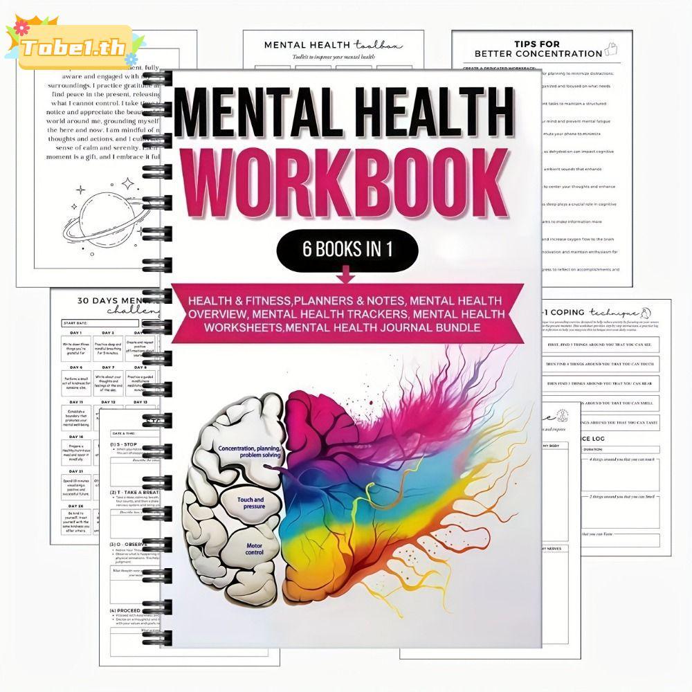 TOBE1 สมุดงานสุขภาพจิต,ผ่อนคลายเทคนิคอารมณ์Tracker Mental Wellnessโน้ตบุ๊ค,Coil Binding 6หนังสือใน1ความรู้ความเข้าใจBehavicการออกกําลังกายMental Care Workbooks