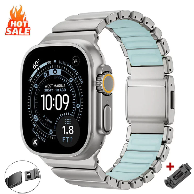 ไทเทเนียม + ซิลิโคน Band หรูหราแม่เหล็กสร้อยข้อมือสําหรับ Apple Watch Ultra 3/2/1 49มม S10 46มม สําหรับ Series 9 8 7 6 5 SE 44/45มม 42มม